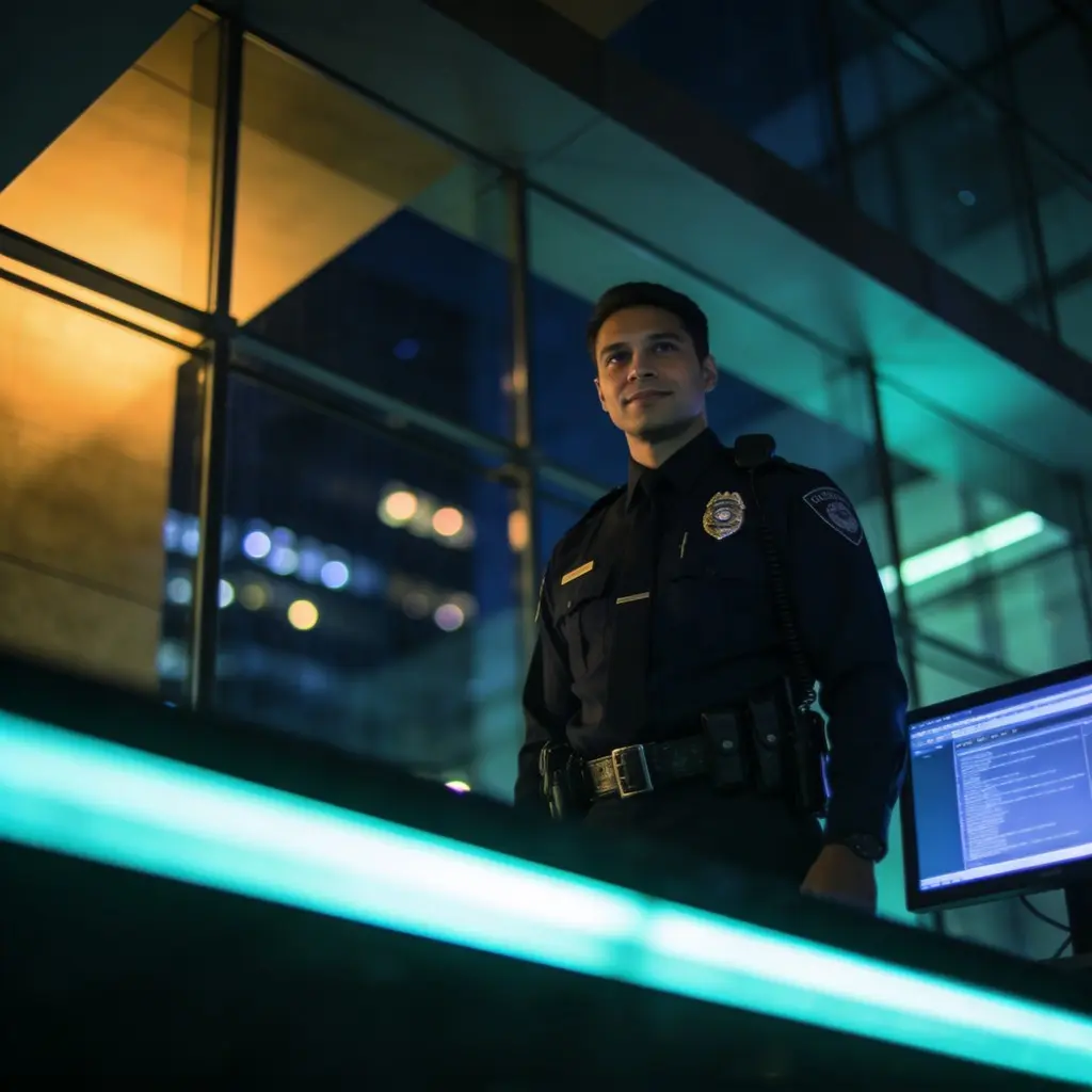 PrimeGuards officer at a monitored command post at night